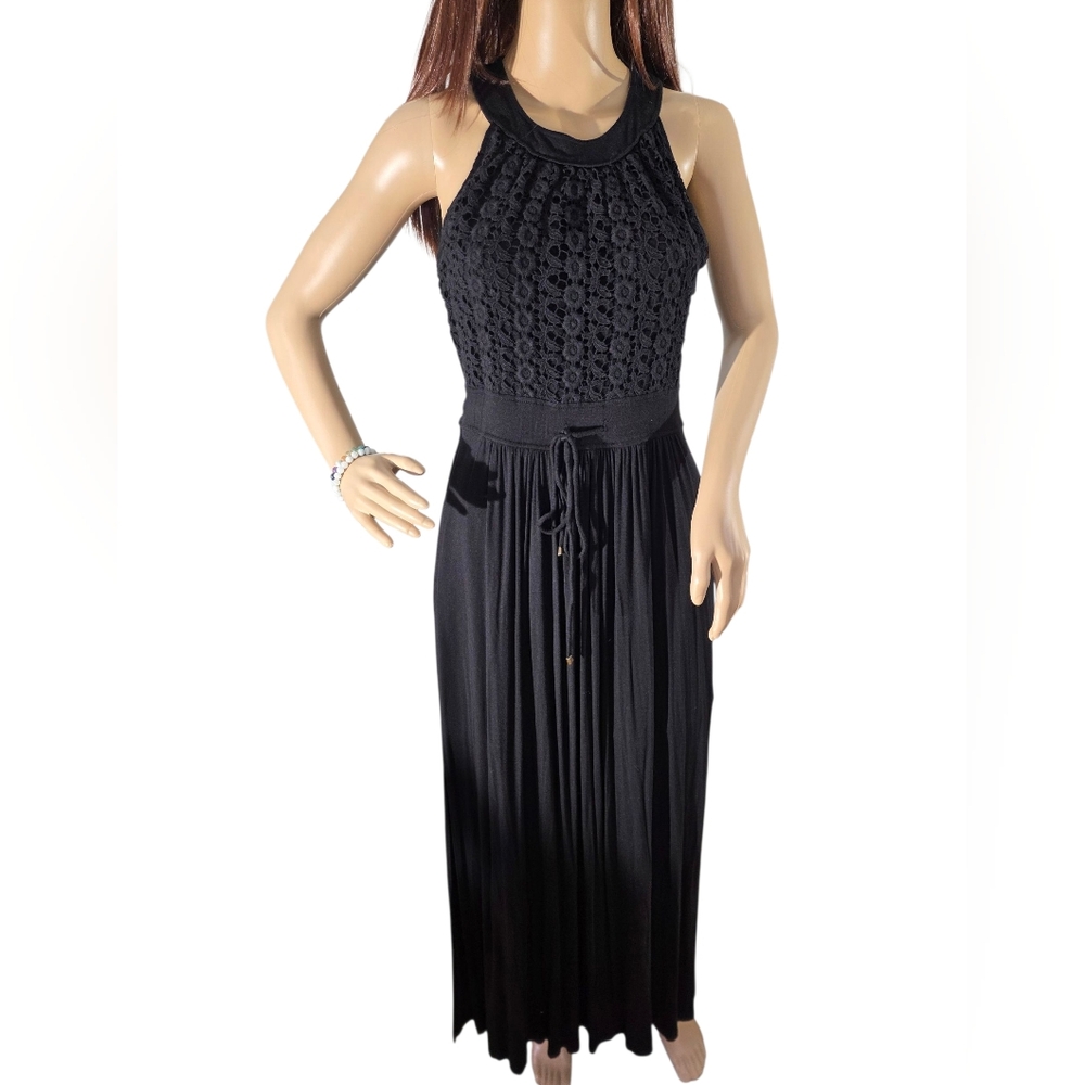 Dressbarn Black Crochet Floral Lace Halter Neck Drawstring Waist Maxi Dress 6